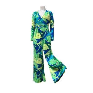 Vintage 70s Wide Leg Jungle Leaf Print Wrap Jumpsuit Mod Small -
